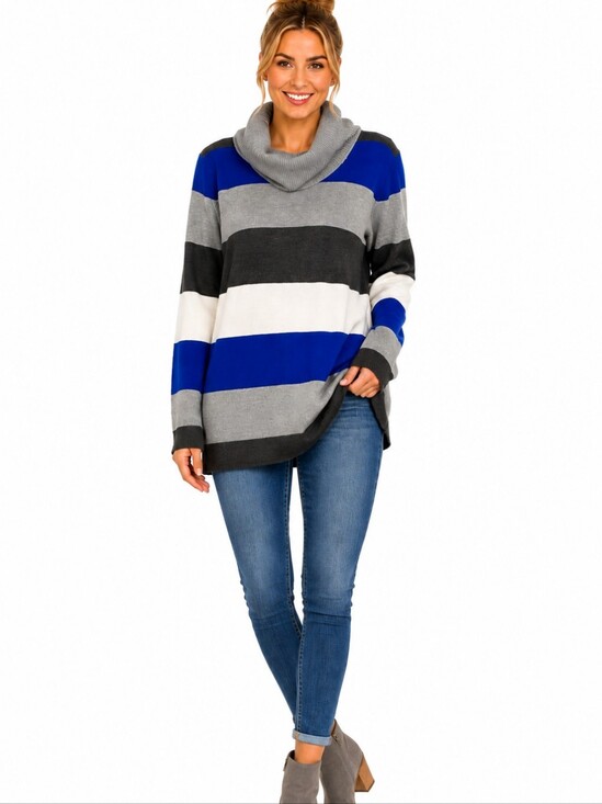 Cable & Gauge Sweaters - CABLE & GAUGE Striped Cowl Sweater in Blue, Gray & White - SIZE Large NWT